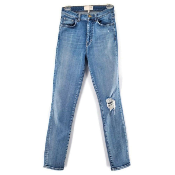Current Elliott Faded Blue Lightly Distressed Super High-Rise Skinny Ankle Jeans - Picture 1 of 16